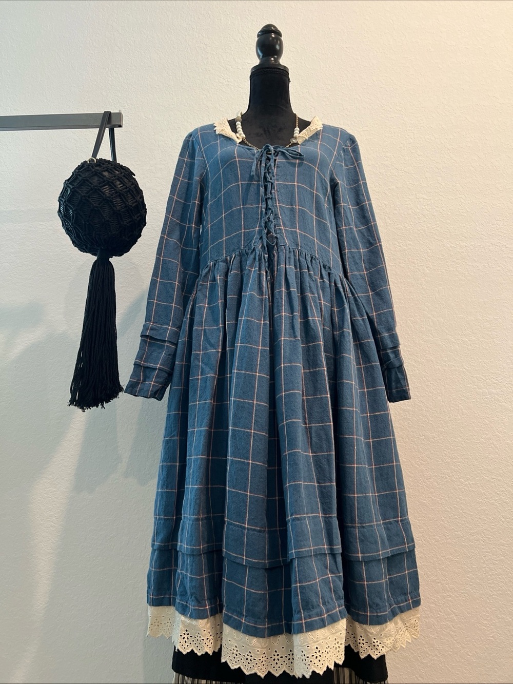 Blue Windowpane Lace-Trim Casual Women's Dress